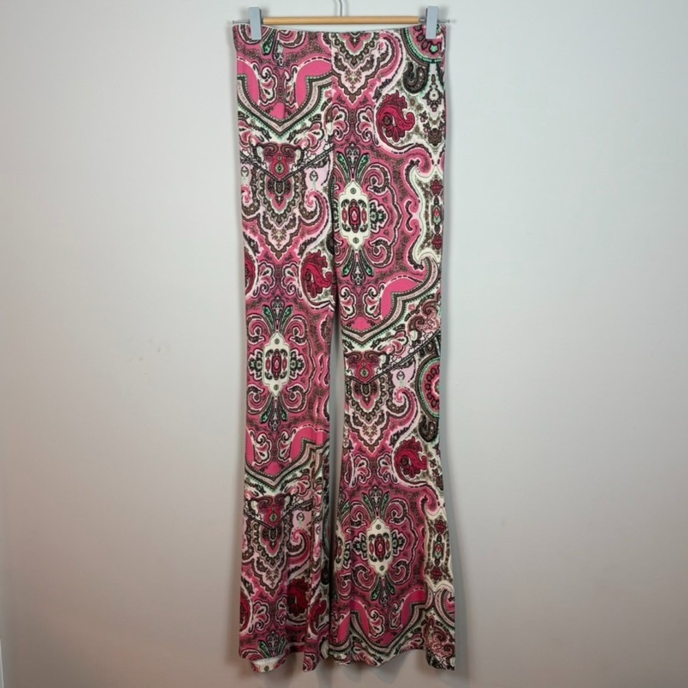 Free People‎ Harper Pink Paisley Flare Stretch Pull on Pants Womens Small 70's